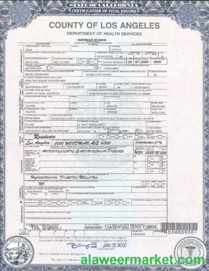USA county of Los Angeles death certificate template in PSD format